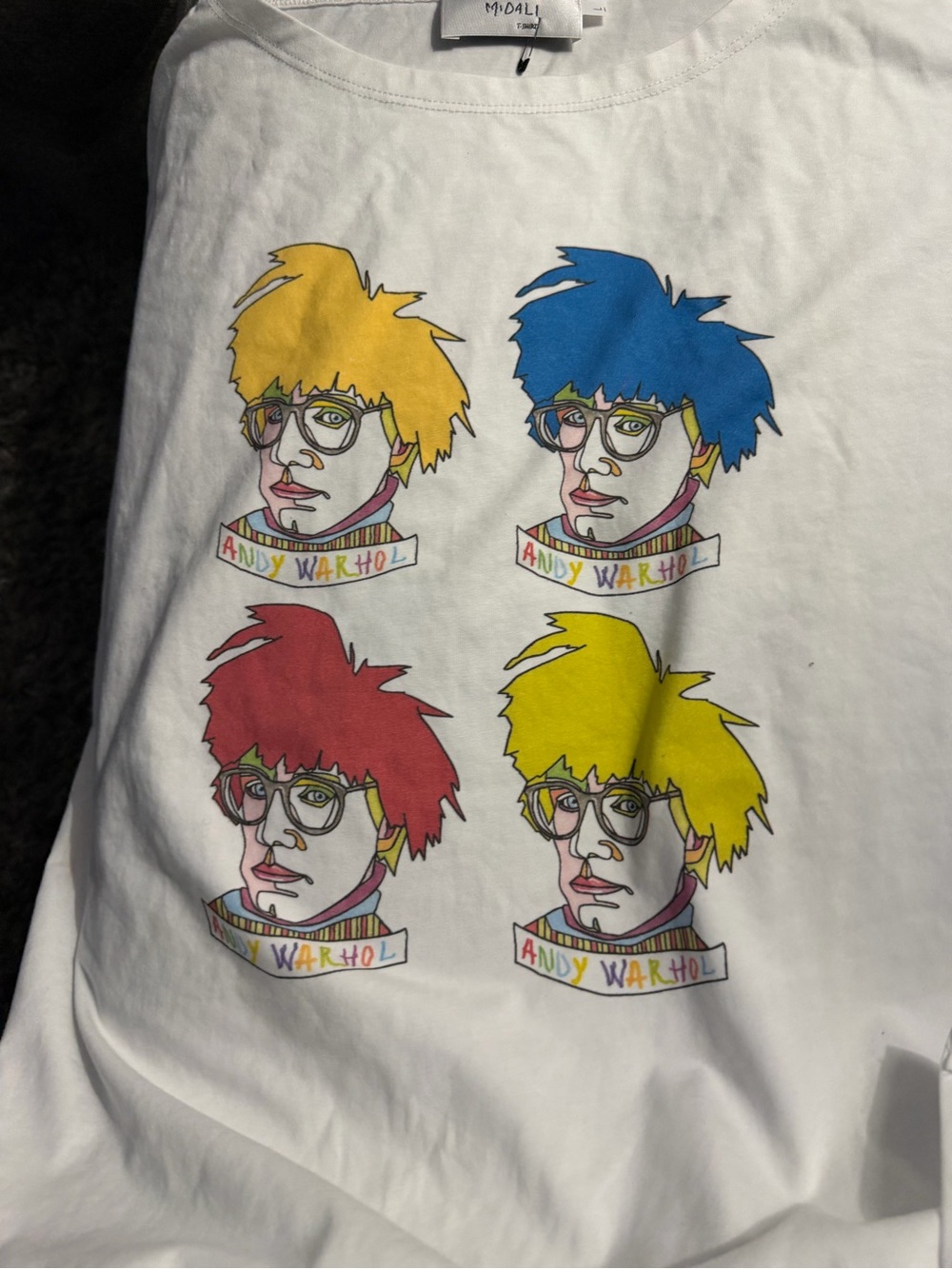 Andy Warhol Pop Art Graphic Tee - White with Red, Blue, Yellow, Gold Prints